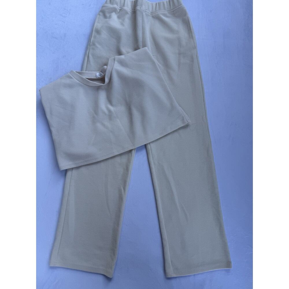 Aureum Medium Tan Waffle Knit Top Wide Leg Pants Neutral Minimalist Travel